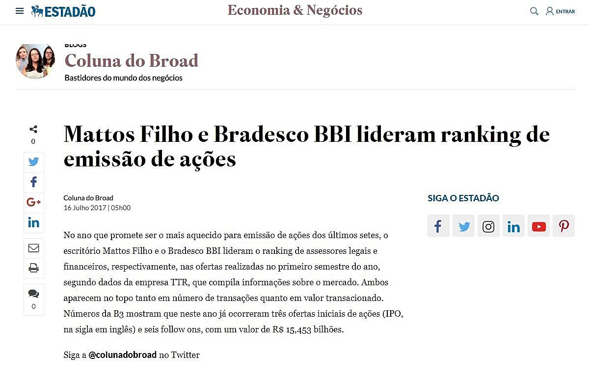 Mattos Filho e Bradesco BBI lideram ranking de emisso de aes
